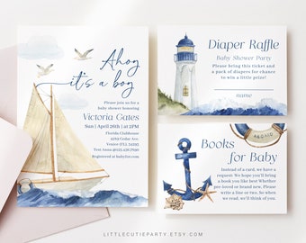 Editable Ahoy Its a Boy Baby Shower Invitation, Nautical Baby Shower Invite, Nautical Invitations, Diaper Raffle, Books for Baby AHBBS001