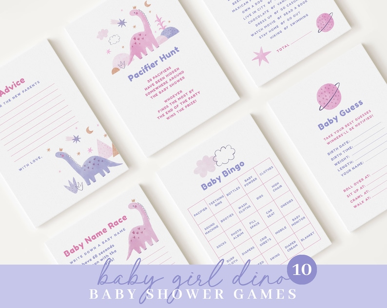 Editable Baby Girl Dinosaur Baby Shower Bundle, Pink Dinosaur Baby
