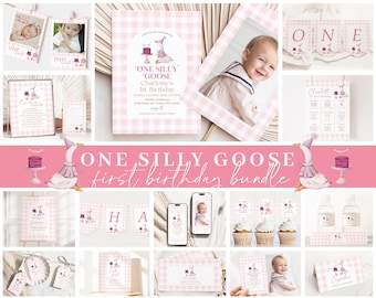 Editable One Silly Goose First Birthday Invitation Bundle, One Silly Goose Birthday Girl Invite, Pink Goose First Birthday Bundle GOSBD001