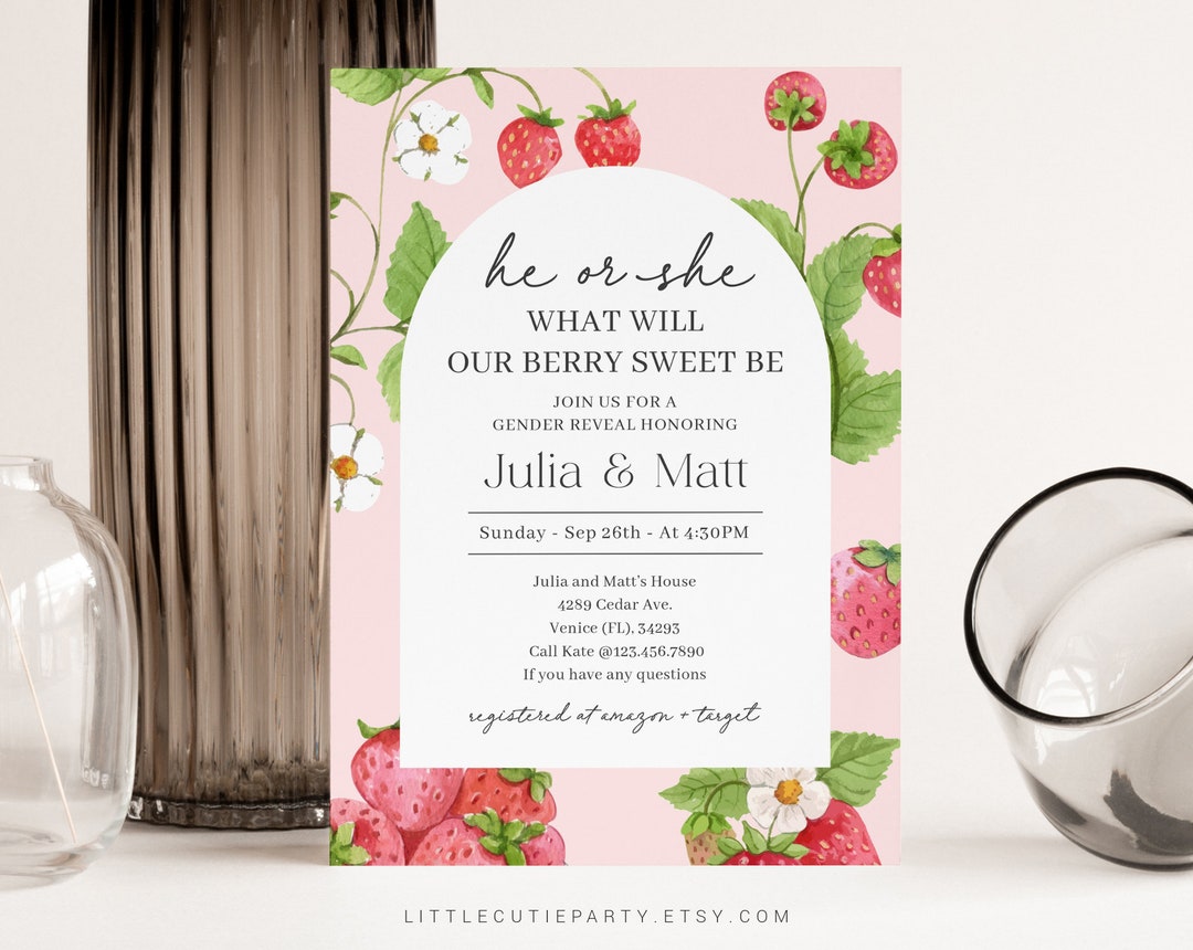 Editable Strawberry Gender Reveal Invitation Strawberry Baby Etsy