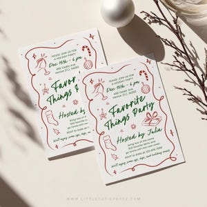 May include: Two white Christmas party invitations with red and green text and illustrations. The invitations read "Favorite Things Party" and include details like date, time, and RSVP information. A candy cane, ornament, and gift box are illustrated.