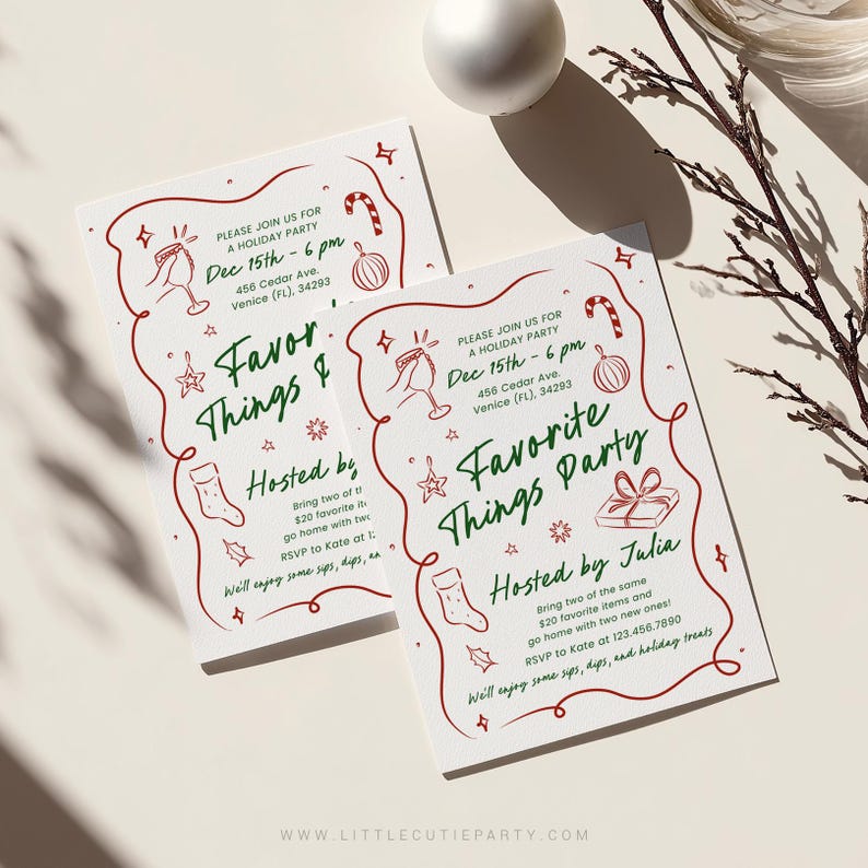 May include: Two white Christmas party invitations with red and green text and illustrations. The invitations read "Favorite Things Party" and include details like date, time, and RSVP information. A candy cane, ornament, and gift box are illustrated.