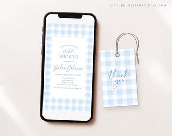 Edytowalne niebieskie zaproszenie na baby shower w kratkę gingham, niebieskie zaproszenia na baby shower, cyfrowe zaproszenie na baby shower dla chłopca w kolorze niebieskim BGHBS002