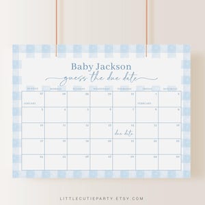 Editable Blue Gingham Baby Shower Calendar, Blue Due Date Calendar, Baby Shower Due Date Calendar Games for Gingham Baby Shower BGHBS002