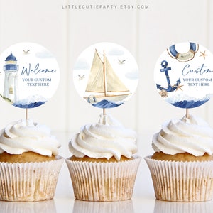 Topper per torta nautico modificabile per baby shower, Ahoy It&#39;s a Boy Topper per cupcake per baby shower, Decorazioni per topper per torta per baby shower AHBBS001