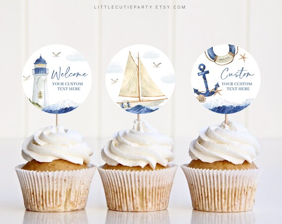 Editable Nautical Baby Shower Cake Topper, Ahoy Its a Boy Baby Shower Cupcake Toppers, Baby Shower Cake Topper Decorations AHBBS001
