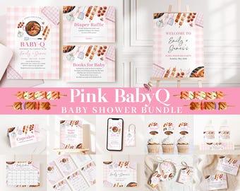 Editable Babyq Pink Baby Shower Invitation Bundle, BBQ baby Shower Girl Invitation with Game Bundle and Barbeque Baby Shower Decor BBQBS003