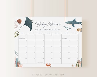 May include: A printable baby shower game featuring a calendar with a sea-themed design. The calendar is for September and October and has the text "Guess the Due Date" at the top.