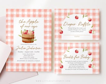 Editable Apple of Our Eye Baby Shower Invitation, Fall Baby Shower Invite with Diaper Raffle, Books for Baby and Tag APPBS001
