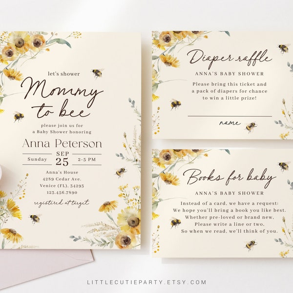 Editable Mommy to Bee Baby Shower Invitation, Mama to Bee Invitation, Bee Shower Invites Set for Bee Theme Party MBEEBS001