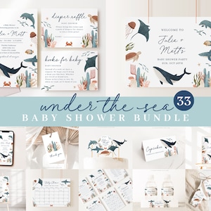 Editable Ocean Baby Shower Invitation Bundle, Under the Sea Baby Shower Decorations, with Games Bundle and All Decorations OCENBS001