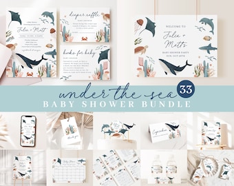May include: A set of 33 printable baby shower decorations with an under the sea theme. The decorations include invitations, thank you tags, cupcake toppers, water bottle labels, and more. The designs feature a blue whale, a manta ray, a sea turtle, and coral reefs in shades of blue, coral, and beige.