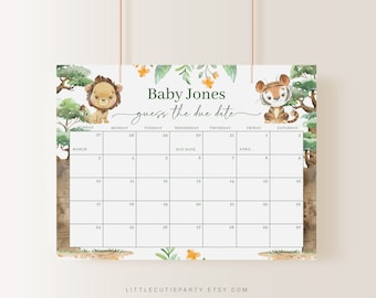Editable Safari Baby Shower Calendar, Safari Animal Due Date Calendar, Due Date Calendar Games for Shower Party SAFRBS001