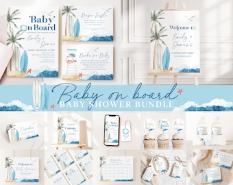 Paquete de invitaciones editables para baby shower "Bebé a bordo", paquete de juegos para baby shower con tabla de surf y decoraciones para baby shower con temática de surf BBBBS001