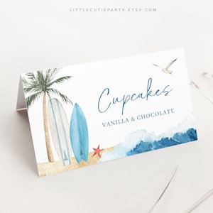 Bewerkbare Little Surfer-voedseletiketten, voedseltentkaarten, gevouwen voedselkaarten voor strand Babyshowerfeestdecoraties Thema BBBBS001