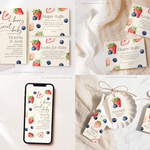 May include: A berry sweet baby shower invitation with a watercolor design of strawberries and blueberries. The invitation is for Victoria & Josh and includes the date and time of the event. There are also matching cards for a diaper raffle and a books for baby request.