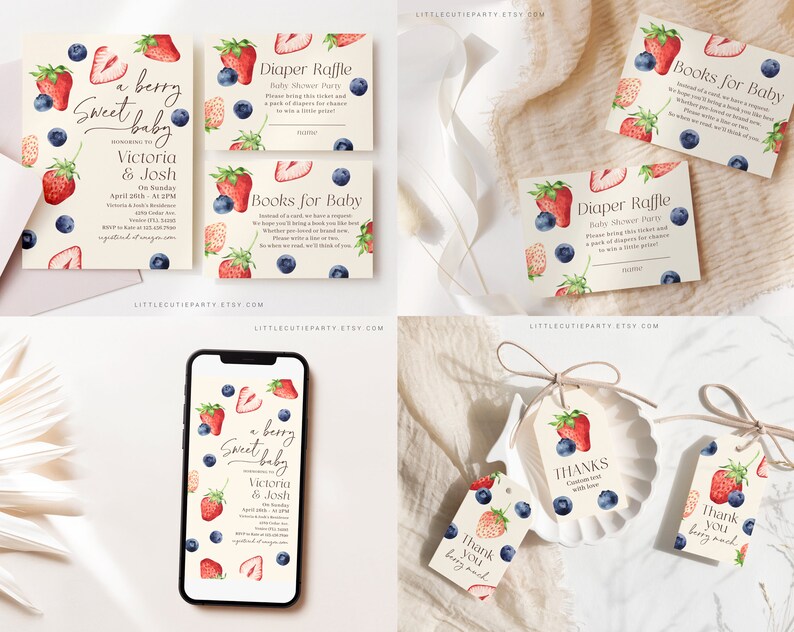 May include: A berry sweet baby shower invitation with a watercolor design of strawberries and blueberries. The invitation is for Victoria & Josh and includes the date and time of the event. There are also matching cards for a diaper raffle and a books for baby request.