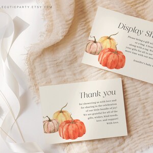 Editable Little Pumpkin Thank you Card, Baby Shower Display Card for Fall Baby Shower Party PMKBS001