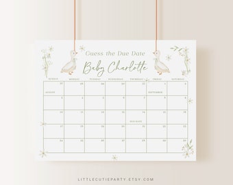 May include: A printable baby shower game with a calendar for guests to guess the due date of Baby Charlotte. The calendar is decorated with a white background and green text. The game features two cute illustrations of white ducks with green accents.