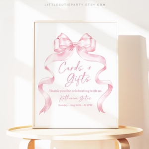 Letrero editable con lazo rosa para baby shower, plantilla de letrero personalizada para fiesta de baby shower con tema de lazo rosa PBWBS001