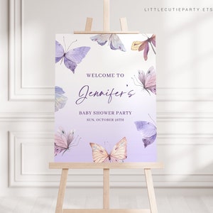 Editable Butterfly Baby Shower Welcome Sign, Purple Butterfly Baby Shower Sign, Welcome Board, Welcome Template BTFBS002