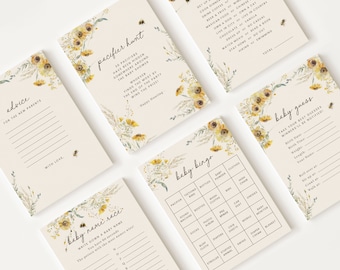 May include: A set of printable baby shower game cards with a floral design featuring yellow sunflowers and green foliage. The cards include games such as "Baby Bingo", "Baby Guess", "Baby Name Race", "Advice for the New Parents", and "Pacifier Hunt".