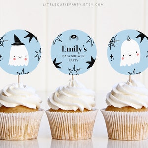 Editable Halloween Baby Shower Cake Topper, Baby Shower Cake Topper, Cupcake Toppers Decorations for Halloween Theme Party HAWBS003