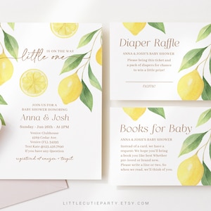 Editable Lemon Baby Shower Invitation, Lemonade Baby Shower with Diaper Raffle, Books for Baby and Gift Tag LMNBS001
