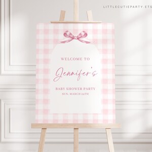 Editable Pink Gingham Baby Shower Welcome Sign, Pink Bow Baby Shower Sign, Welcome Board, Welcome Template Shower Decoration PGHBS001