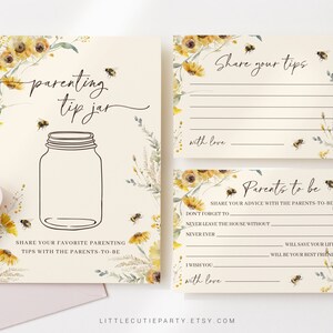 Editable ¿Qué será Baby Bee Parenting Tip Jar Sign y tarjeta de consejos y deseos para los padres, fiesta de revelación de género, niño o niña BEEGR001