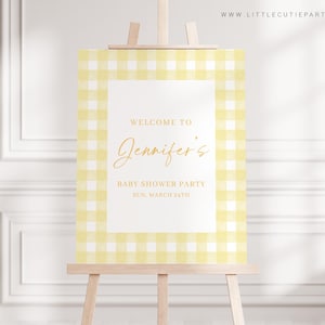 Cartello di benvenuto per baby shower a quadretti gialli modificabile, cartello giallo per baby shower, tabellone di benvenuto, modello di decorazione per baby shower YGHBS001
