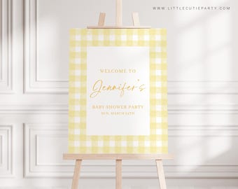 Bearbeitbares Gelbes Gingham-Babyparty-Willkommensschild, Gelbes Babypartyschild, Willkommenstafel, Willkommensvorlage Dusche Dekoration YGHBS001