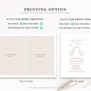 May include: A printable gender reveal invitation with a cute illustration of two ducks. The text reads "Waddle it be... boy or girl?" and includes the names Anna & Josh. The invitation is available in two sizes: 5x7 inches and A4.