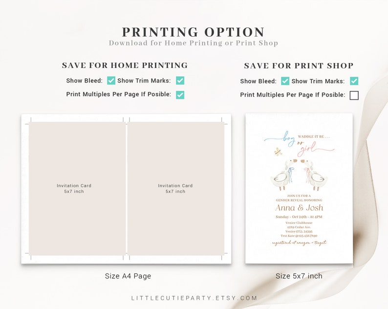 May include: A printable gender reveal invitation with a cute illustration of two ducks. The text reads "Waddle it be... boy or girl?" and includes the names Anna & Josh. The invitation is available in two sizes: 5x7 inches and A4.