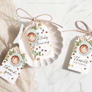 Editable Baby is Brewing Favor Tags: Coffee Theme, Thank You Tags (Digital Download)