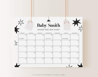 May include: A baby shower calendar in white and black, with the text "Baby Smith Guess the Due Date." The calendar grid spans from October 27 to November 30, adorned with ghost and star illustrations.