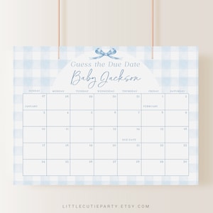 Editable Blue Gingham Baby Shower Calendar, Blue Bow Due Date Calendar, Baby Shower Due Date Calendar Games for Gingham Baby Shower BGHBS001