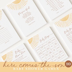 May include: Ten printable baby shower game cards with a yellow sunburst design. The games include: Advice for the New Parents, Pacifier Hunt, Baby Bingo, Baby Name Race, and Baby Guess.