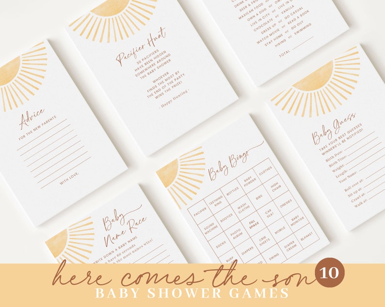 May include: Ten printable baby shower game cards with a yellow sunburst design. The games include: Advice for the New Parents, Pacifier Hunt, Baby Bingo, Baby Name Race, and Baby Guess.