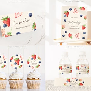 May include: A set of printable party decorations featuring a watercolor design of strawberries and blueberries. The set includes cupcake toppers, water bottle labels, a welcome sign, and a custom sign. The text on the signs reads "Cupcakes, Vanilla & Chocolate", "Welcome", and "Custom".