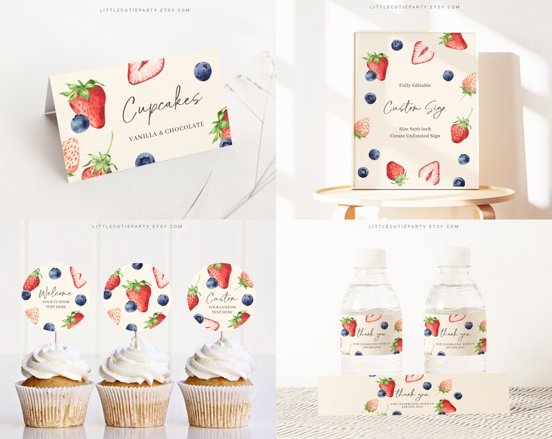 May include: A set of printable party decorations featuring a watercolor design of strawberries and blueberries. The set includes cupcake toppers, water bottle labels, a welcome sign, and a custom sign. The text on the signs reads "Cupcakes, Vanilla & Chocolate", "Welcome", and "Custom".
