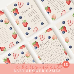 May include: A set of 10 printable baby shower games featuring a berry theme. The games include a pacifier hunt, baby bingo, baby name race, and baby guess. The cards are decorated with watercolor illustrations of strawberries and blueberries.