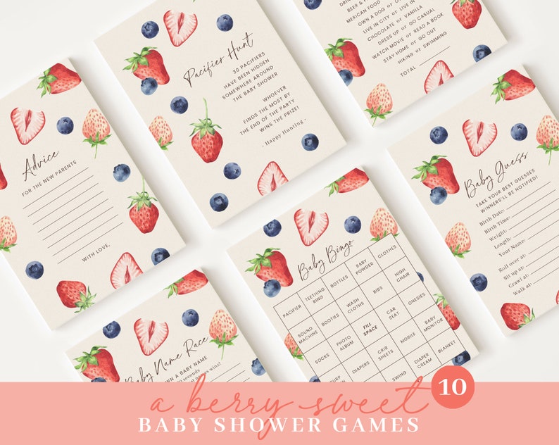 May include: A set of 10 printable baby shower games featuring a berry theme. The games include a pacifier hunt, baby bingo, baby name race, and baby guess. The cards are decorated with watercolor illustrations of strawberries and blueberries.