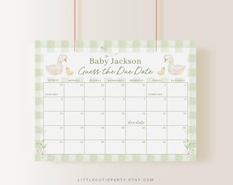 May include: A green and white gingham baby shower game with a calendar for guests to guess the due date. The calendar is decorated with a watercolor illustration of two swans and a baby chick. The text "Baby Jackson Guess the Due Date" is at the top of the calendar.
