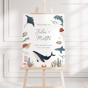 Bearbeitbar Ocean-Babyparty-Willkommen, unter dem Meer-Babyparty-Willkommensschild, Ocean-Babypartyschild-Dekorationen OCENBS001