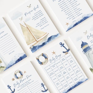 10 bewerkbare Ahoy It's a Boy babyshowerspellen, nautische babyshowerspellenbundel, marine- en ankerbabyshowerfeestspellen AHBBS001