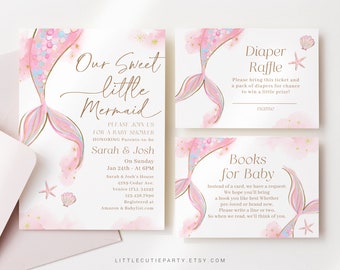 May include: Pink and gold baby shower invitation with a mermaid tail illustration. The invitation says "Our Sweet Little Mermaid" and includes details for the event, including the date, time, and location. It also includes a diaper raffle ticket and a request for books for the baby.