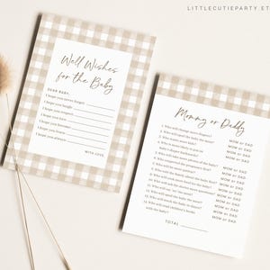 May include: Two printable baby shower game cards with a brown and white gingham pattern. The first card has the text "Well Wishes for the Baby" and a list of well wishes for the baby. The second card has the text "Mommy or Daddy" and a list of questions about the parents.