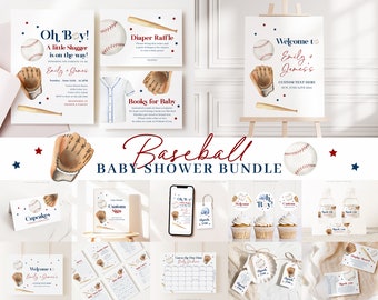 Peut inclure: Ensemble imprimable pour une fête prénatale sur le thème du baseball avec une variété d'articles, notamment des invitations, des décorations pour cupcakes, une pancarte de bienvenue, des billets de tombola pour les couches et plus encore. Le design présente un gant de baseball, des balles de baseball et des battes en bleu, rouge et blanc.