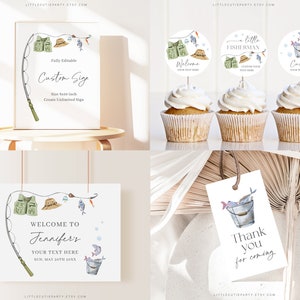 May include: Printable set of fishing themed party decorations. Includes a welcome sign, cupcake toppers, and thank you tags. The sign says "Welcome to Jennifer's" and the cupcake toppers say "A Little Fisherman".